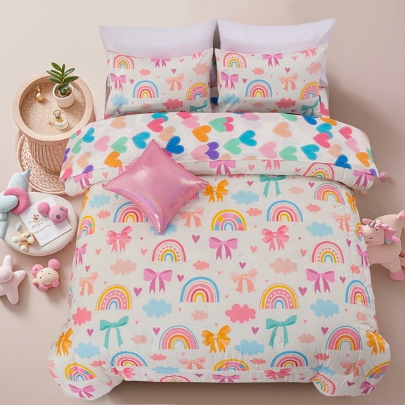 Btargot 6-piece Bow Ties Rainbow Comforter Set Twin Girls Cute Bowknot Colorful Bed-in-a-Bag