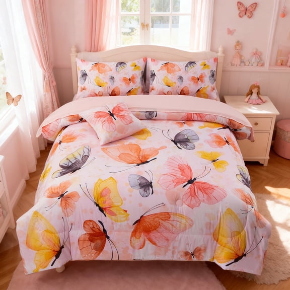 Btargot 6 Piece Butterfly Girls Twin Bedding Set Watercolor Orange Butterfly Comforter Set