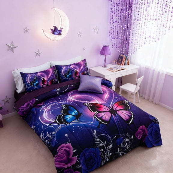 Btargot 6 Piece Full Purple Comforter Set for Girl Butterfly Rose Heart Bedding Set Bed-in-a-Bag