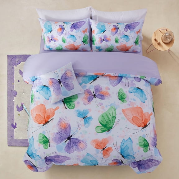 Btargot Purple Butterfly Girls Twin Bedding Set 6 Piece Colorful Watercolor Kids Comforter Sets