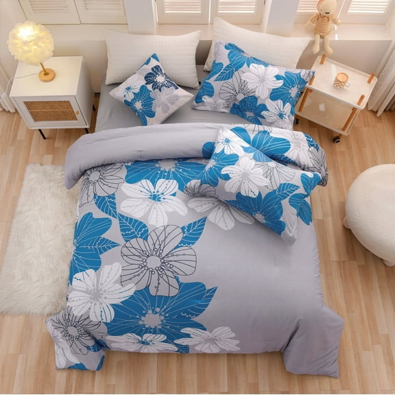 Btargot 6PCS Floral Blue King Size Comforter Sets Adult Flower Boho Bed-in-a-Bag Gray Bedding Set