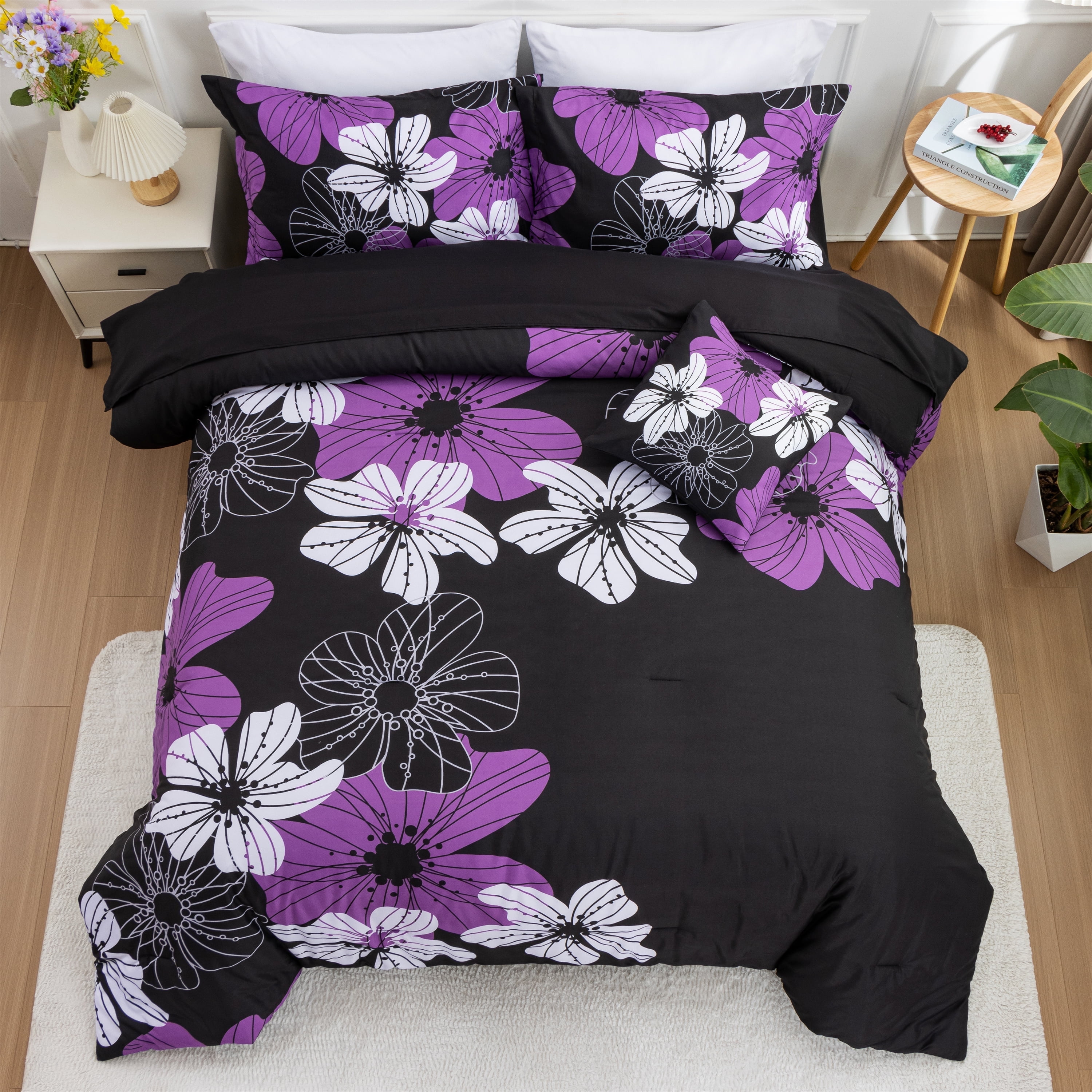 Btargot 6PCS Floral Comforter Set Queen Size, Purple Botanical Boho ...