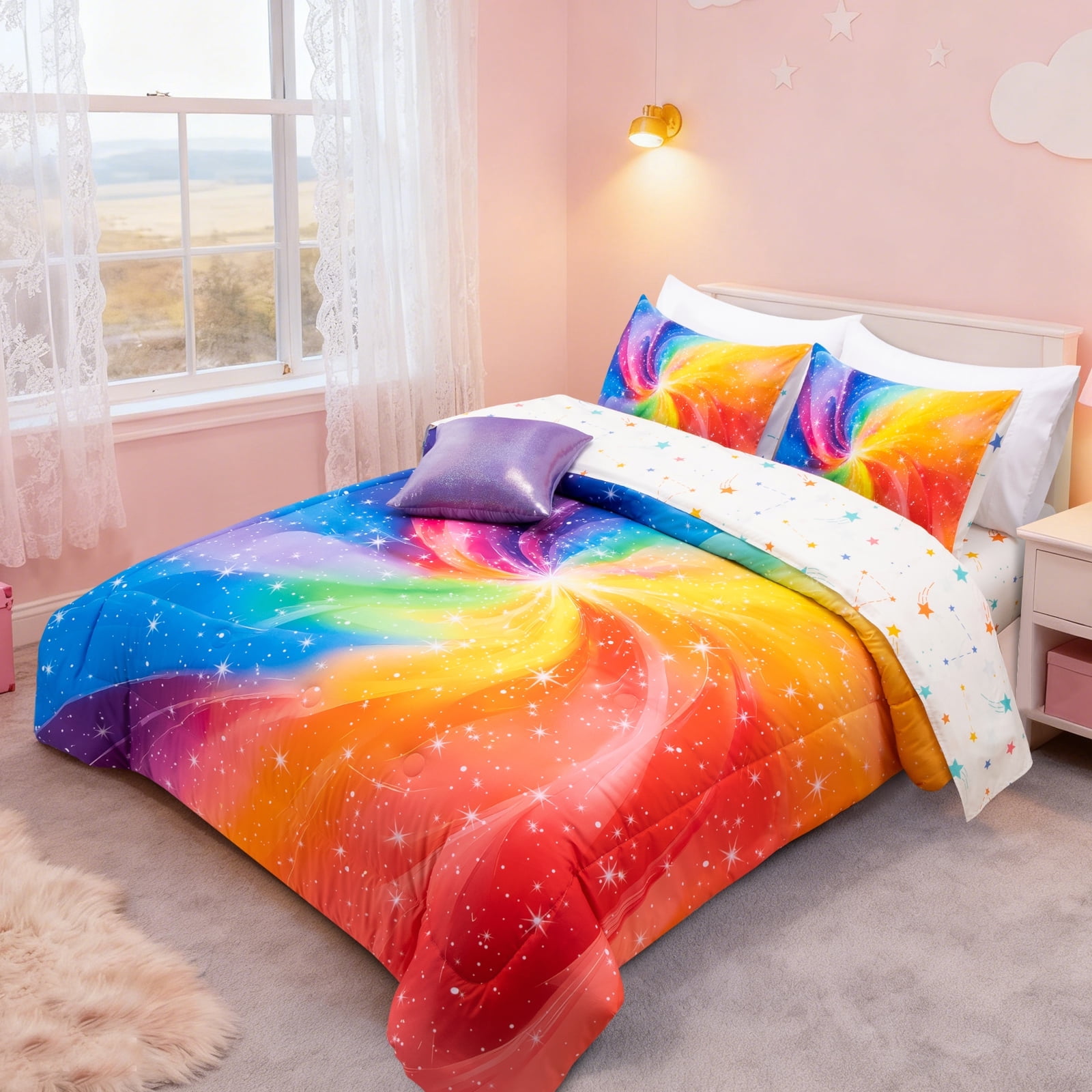 Btargot 6 Piece Galaxy Girl Comforter Set Twin Colorful Gradient Glitter Rainbow Bedding Set