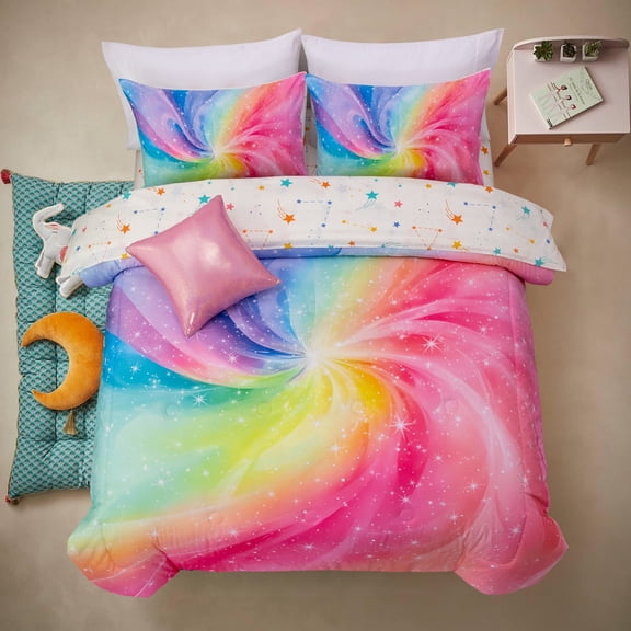 Btargot 6 Piece Girl Comforter Set Twin Galaxy Pink Green Colorful Swirl Rainbow Bedding Set