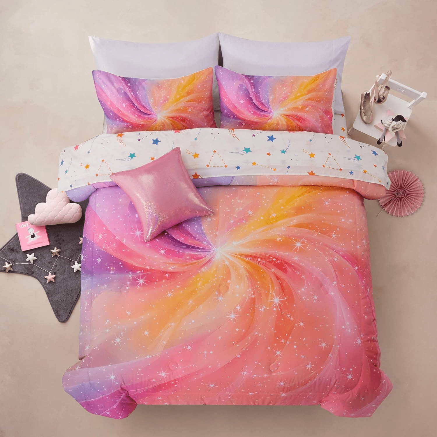 Btargot 6 Piece Twin Kid Comforter Set for Girl Pink Purple Swirl Gradient Glitter Bed-in-a-Bag