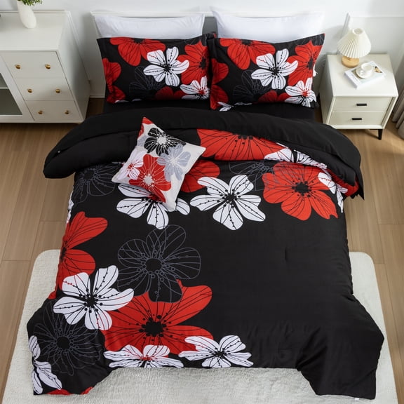 Btargot 6PCS King Bed-in-a-Bag Black Floral Comforter Set Adult Botanical Boho Rustic Bedding Set