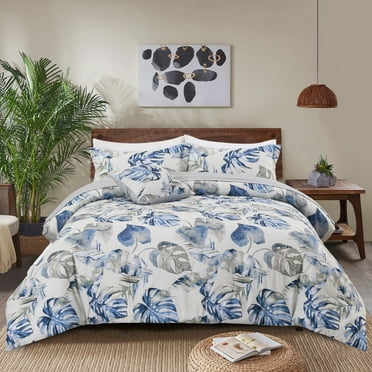 Btargot 6 Piece Blue Leaves Comforter Sets Queen Tropical Rainforest Style Soft Bedding Set