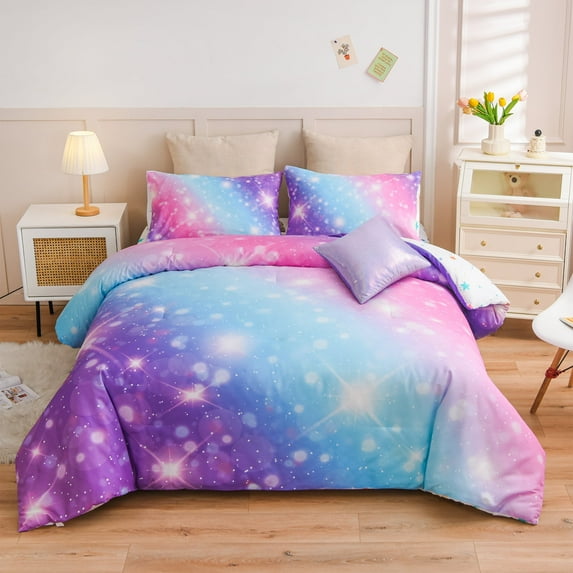 Btargot 6Pcs Reversible Gradient Glitter Colorful Galaxy Twin Comforter Set for Kids Girls Purple