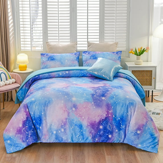 Btargot 6Pcs Tie Dye Constellation Ombre Queen Comforter Set Girls Gradient Galaxy Bed-in-a-Bag BluePurple