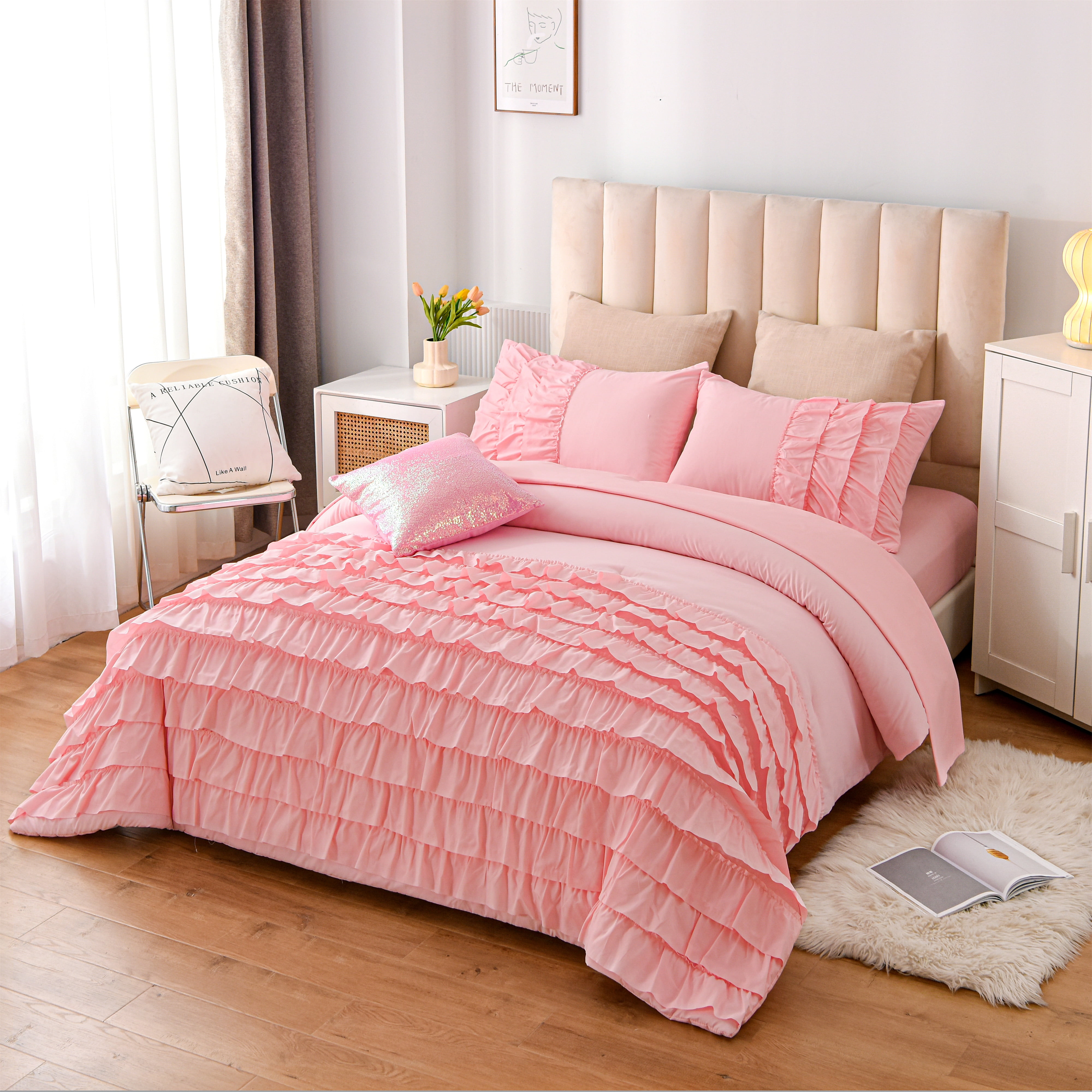 Btargot 6Pcs Waterfall Ruffled Princess Comforter Set Twin Soft Chic  Bedding Set for Kids Girls Pink - Walmart.com