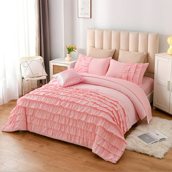 Btargot 6Pcs Waterfall Ruffled Princess Comforter Set Twin Soft Chic Bedding Set for Kids Girls Pink
