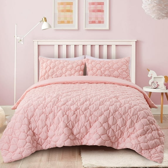 Btargot 3 Pieces Delicate Full Princess Comforter Set Soft Blush Pinch Pleat Pintuck Bedding Set