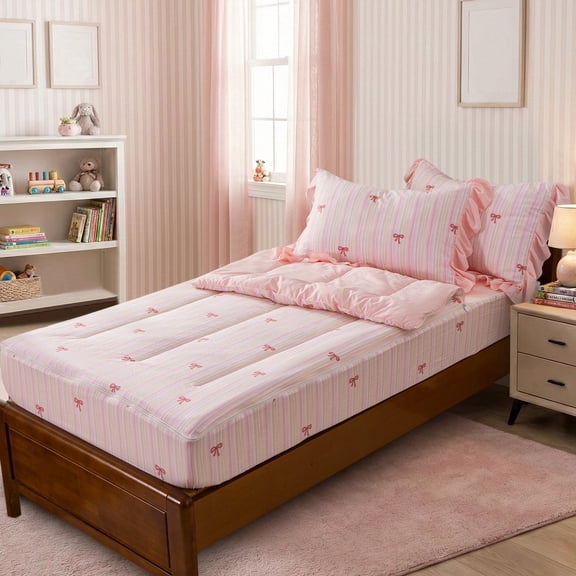 Btargot Bow Zip Bedding Pink Ribbon Bowknot Twin Comforter Set Princess Style Zipper Bedding Set