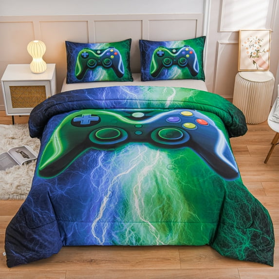 Btargot Boys Game Console Boys Comforter Set Twin Lightning Gaming Bedding Set Blue-Green for Kids