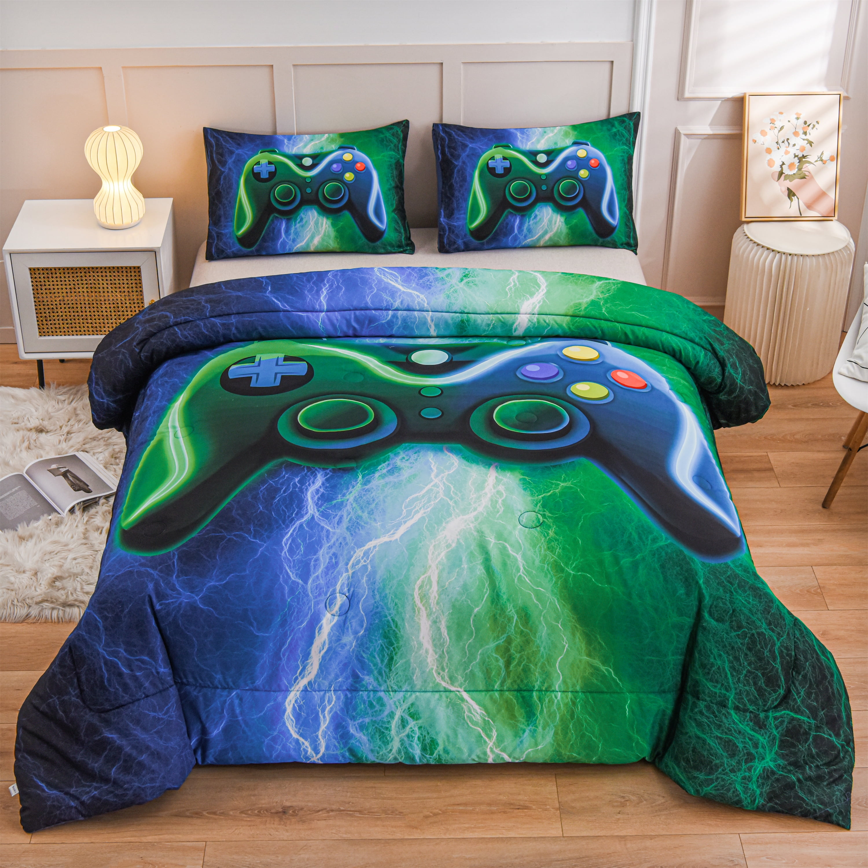 Btargot Boys Video Game Console Boys Comforter Set Twin 3D Lightning Gaming Bedding Set Blue-Green for Kids