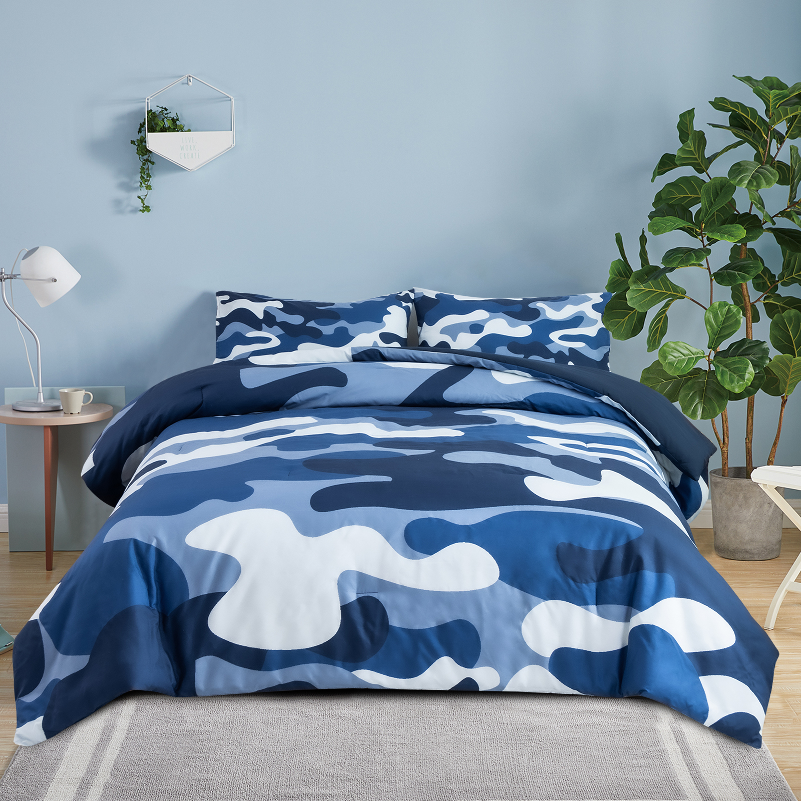 Btargot 3PCS Camouflage Blue Twin Comforter Set for Boys Kids Mysterious Forest Camo Bedding Set