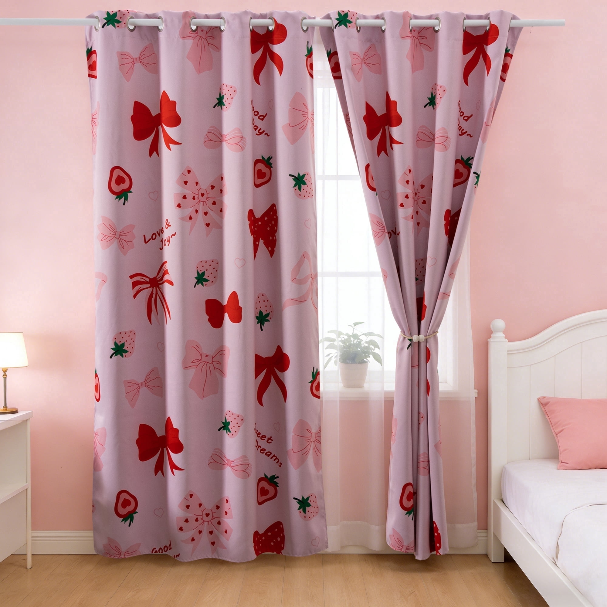 Btargot Blackout Curtains 2 Panels Thermal Insulated Grommet Strawberry Bows Window Curtains for Girls Bedroom 52 X 63 inch