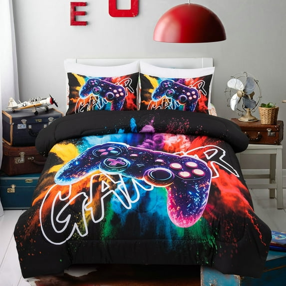 Btargot 3-piece Gamer Gaming Twin Comforter Set for Boys Colorful Gamepad Soft Bedding Set