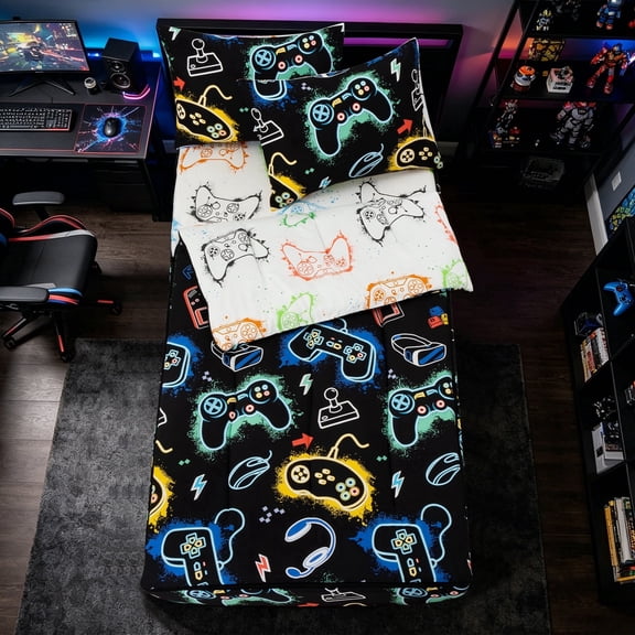 Btargot Gamer Glow-in-the-Dark Zipper Boys Bedding Set Game Controller Headsets Comforter Set