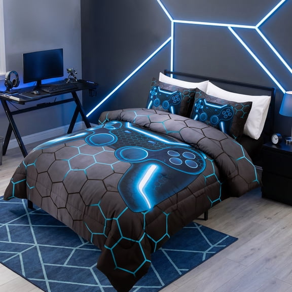 Btargot 3 Piece Gaming Geometric Comforter Set Queen Boys Kids Lightweight Blue Game Bedding Set