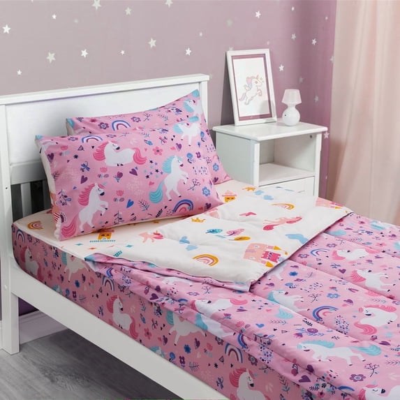 Btargot Pink Unicorn Zipper Comforter Set Twin for Kids Girls Rainbow Flower Soft Bedding Set