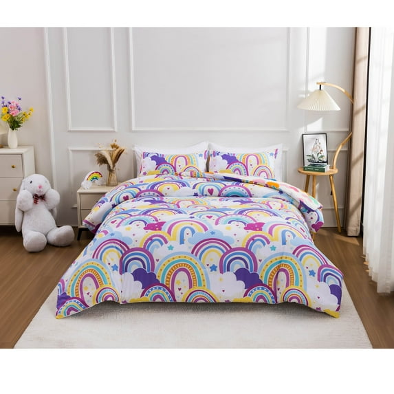 Btargot 3 Piece Colorful Rainbow Queen Bedding Set Kids Rainbow Purple Yellow Clouds Comforter Set