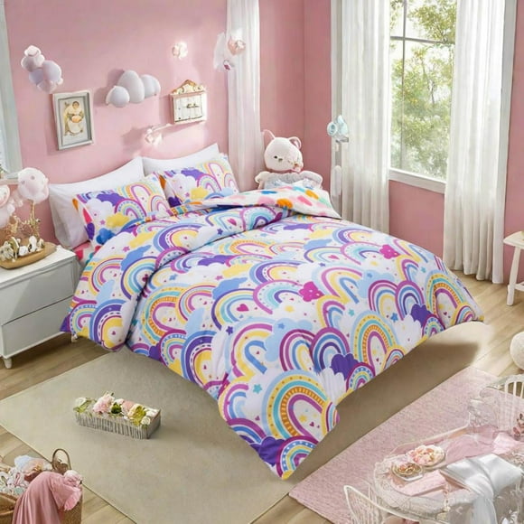 Btargot 3PCS Rainbow Twin Comforter Bedding Set Girls Purple Clouds Yellow Soft Kids Rainbow Bed Set