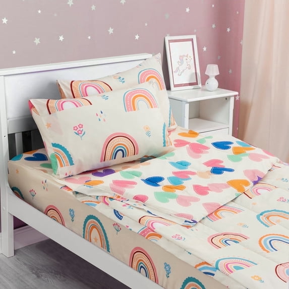 Btargot Rainbow Zipper Twin Comforter Set for Girls Beige Flowers Hearts Soft Bedding Set