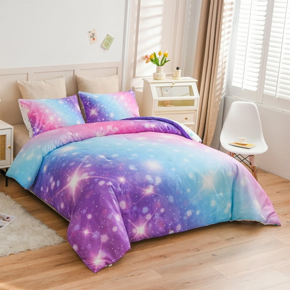 Btargot Reversible Gradient Glitter Colorful Galaxy Queen Comforter Set for Kids Girls Purple
