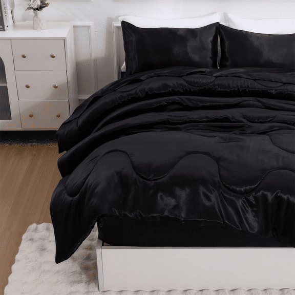 Btargot Satin Silky Soft Luxury King Comforter Set Solid Cooling Lightweight Bedding Set Black