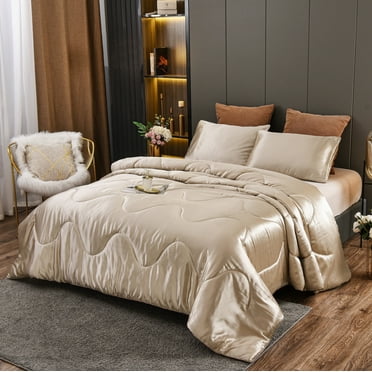 Btargot Satin Silky Soft Luxury King Comforter Set Solid Cooling Lightweight Bedding Set Champagne