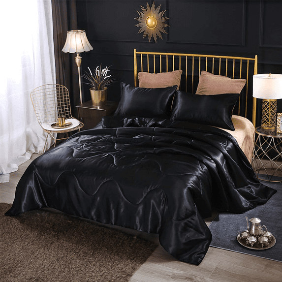 Btargot Satin Silky Soft Sexy Luxury Cal King Comforter Set Solid Cooling Lightweight Bedding Black