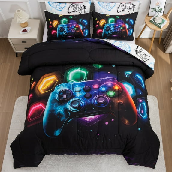 Btargot 3 Piece Gaming Geometric Queen Comforter Set Kids Boys Game Console Lightweight Bedding Set