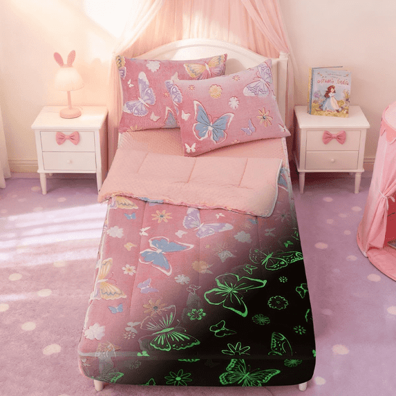 Btargot Glow-in-the-Dark Zipper Comforter Set Twin for Kids Butterflies Pattern Plush Bedding Set