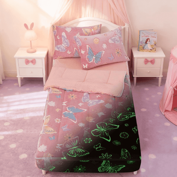 Btargot Glow-in-the-Dark Zipper Comforter Set Twin for Kids Butterflies Pattern Plush Bedding Set