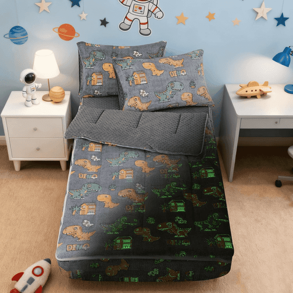 Btargot Dinosaur Zipper Comforter Set Twin for Boys Glow-in-the-Dark Plush Dino Pattern Bedding Set
