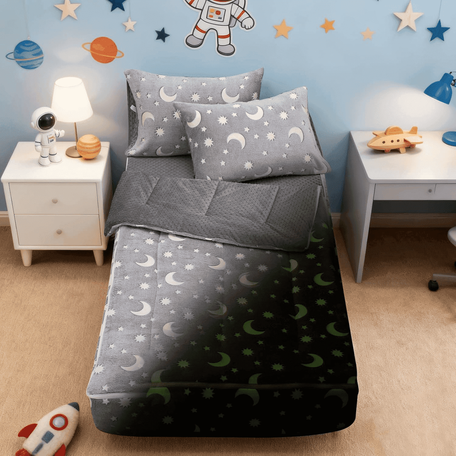 Btargot Zipper Comforter for Kids Moon Satrs Glow-in-the-Dark Space Theme Plush Bedding Set