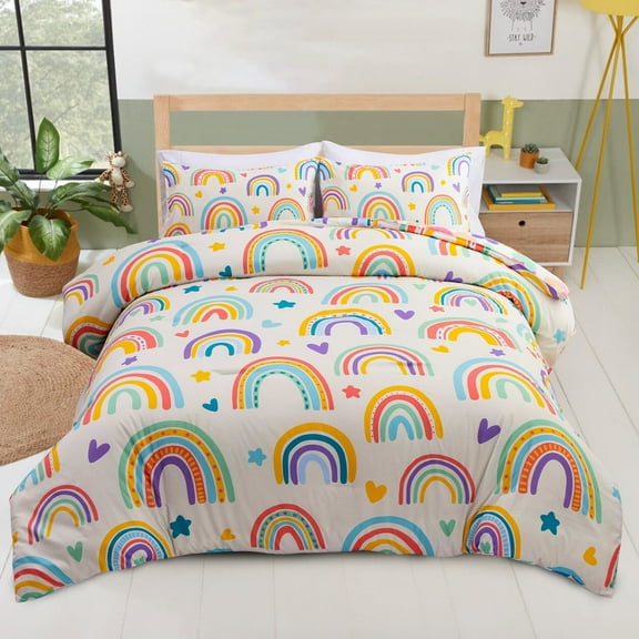 Btargot 3PCS Rainbow Kids Girls Comforter Set Queen Colorful Star Love Rainbow Bedding Set Beige