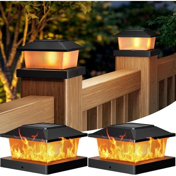 2 Pack Solar Flame Post Cap Lights,4x4 Outdoor Fence Post Lights with Flickering Flame Effect, Waterproof Solar Deck Lights for 4x4 and 3.5x3.5 Wood Vinyl Posts, Black