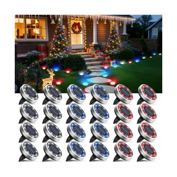 Btfarm 24 Pack Solar Lights Outdoor (Red+Blue+Cool White), Solar Lights Outdoor Waterproof, Landscape Lighting