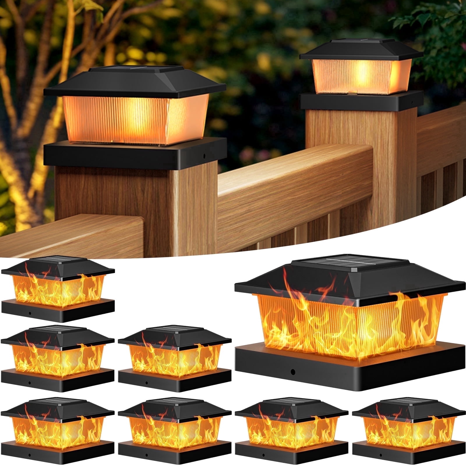 8 Pack Solar Flame Post Cap Lights,4x4 Outdoor Fence Post Lights with Flickering Flame Effect, Waterproof Solar Deck Lights for 4x4 and 3.5x3.5 Wood Vinyl Posts, Black