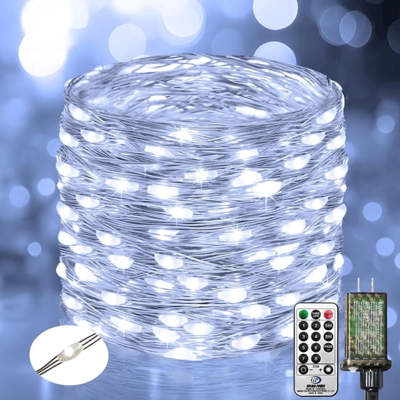 Fairy Lights Plug in with Remote, 33FT 100 LED Outdoor Waterproof String Lights with Timer and 8 Modes, for Indoor Bedroom Patio Garden Wedding Decor, Cool White