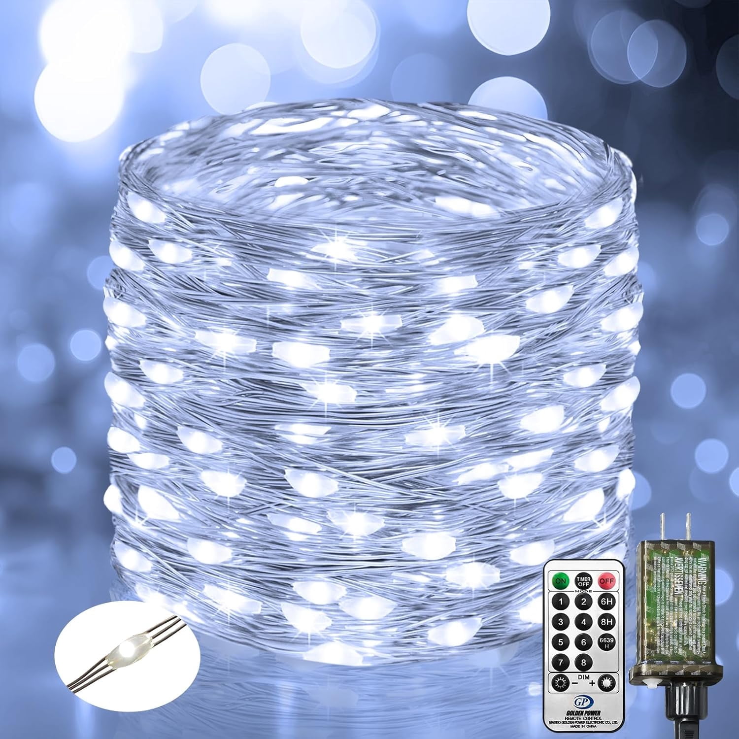 Fairy Lights Plug in with Remote, 33FT 100 LED Outdoor Waterproof String Lights with Timer and 8 Modes, for Indoor Bedroom Patio Garden Wedding Decor, Cool White