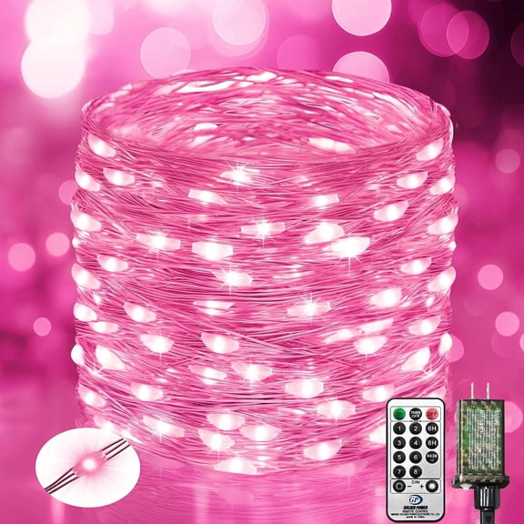Fairy Lights Plug in with Remote, 33FT 100 LED Outdoor Waterproof String Lights with Timer and 8 Modes, for Indoor Bedroom Patio Garden Wedding Decor, Pink