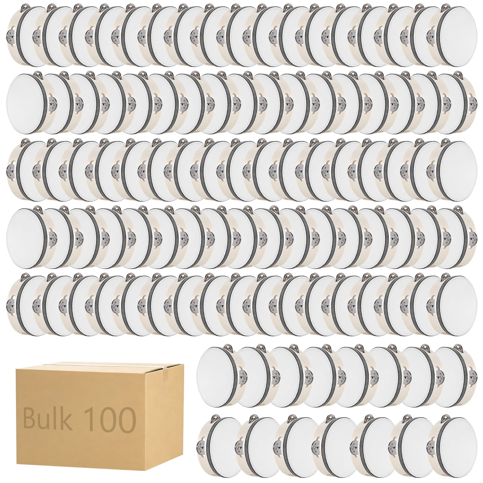 Btidfty 100 Pcs 6 Inch Wood Tambourine Drum Bulk with Metal Jingles White Mini Tambourines Lightweight Musical Educational Drum for Birthdays Holidays And Activities