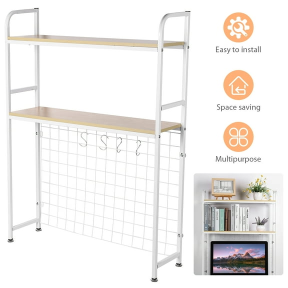 Btidfty 2 Tier Wooden Countertop Storage Rack with Grid Panel Desktop Decorative Rack Multipurpose Home Display Shelf for Computer Desk