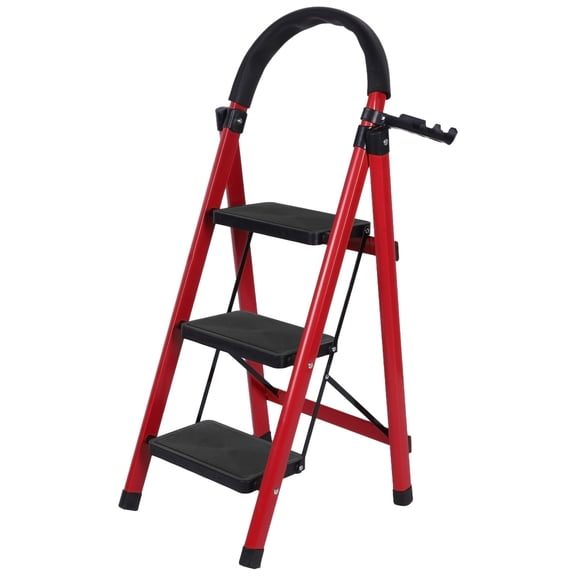 Btidfty 3 Step Folding Ladder 330LBS Capacity W/ Hand Rail for Home Rv Outdoor (Red)