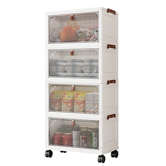 Btidfty 4 Layers Multifunctional Foldable Storage Cabinet with Doors & Wheels Stackable Storage Bins Large Capacity Finishing Cabinet Clothing Storage Box for Organizing Snacks