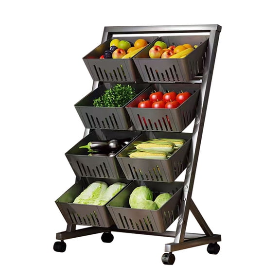 Btidfty 4-Tier Fruit and Vegetable Storage Rack, Modern Minimalist Double-Row Floor Standing Snack Rack, Movable Food Storage Shelf Suitable for Kitchen, Bathrooms, and Laundry Rooms