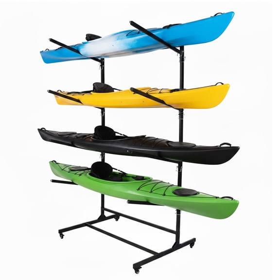 Btidfty 4-Tier Kayak Storage Rack Stand Rust-proof Steel Frame Outdoor Kayak Canoe Surfboard Rack Paddle Holder W/swappable Wheels & Feet for Garage Dock Seaside Use